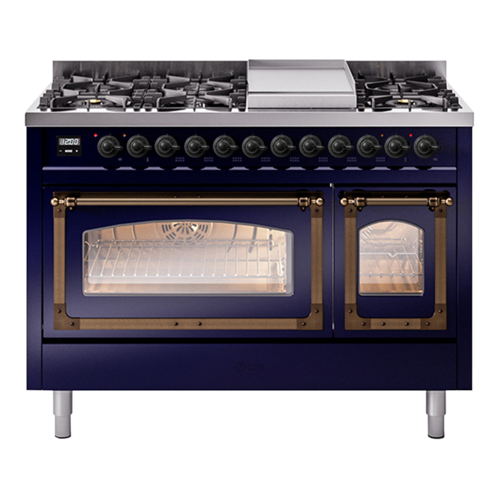 ILVE Nostalgie II Noblesse 48" Midnight Blue Dual Fuel Range with 8 Burners and Griddle Triple Glass Door Natural Gas