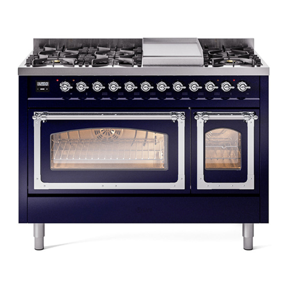 ILVE Nostalgie II Noblesse 48" Midnight Blue Dual Fuel Range with 8 Burners and Griddle Triple Glass Door Liquid Propane