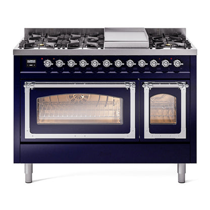 ILVE Nostalgie II Noblesse 48" Midnight Blue Dual Fuel Range with 8 Burners and Griddle Triple Glass Door Liquid Propane