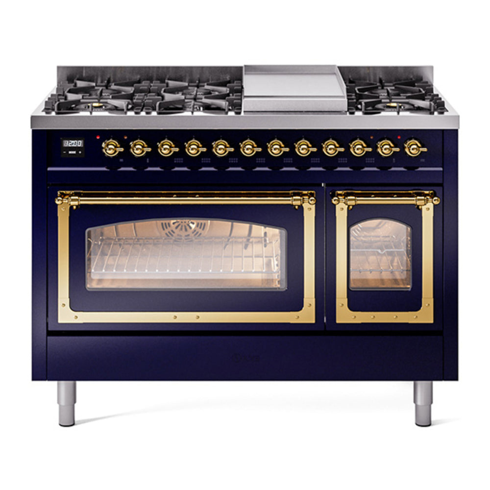 ILVE Nostalgie II Noblesse 48" Midnight Blue Dual Fuel Range with 8 Burners and Griddle Triple Glass Door Natural Gas