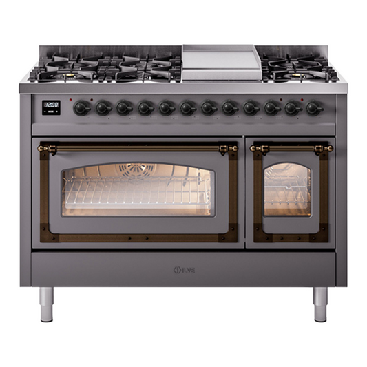 ILVE Nostalgie II Noblesse 48" Graphite Matte Dual Fuel Range with 8 Burners and Griddle Triple Glass Door Natural Gas