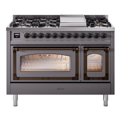 ILVE Nostalgie II Noblesse 48" Graphite Matte Dual Fuel Range with 8 Burners and Griddle Triple Glass Door Natural Gas