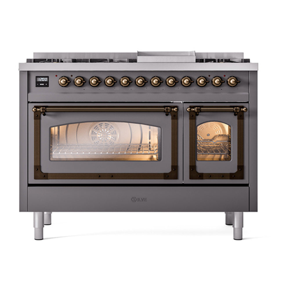 ILVE Nostalgie II Noblesse 48" Graphite Matte Dual Fuel Range with 8 Burners and Griddle Triple Glass Door Natural Gas
