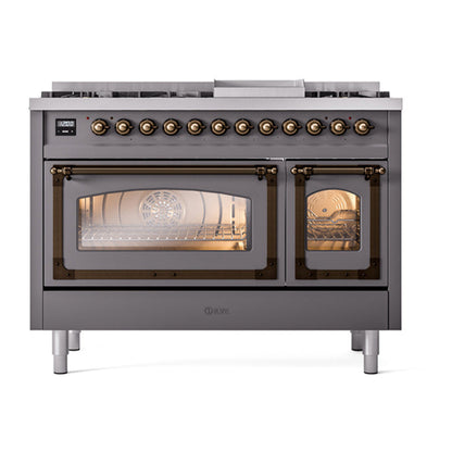 ILVE Nostalgie II Noblesse 48" Graphite Matte Dual Fuel Range with 8 Burners and Griddle Triple Glass Door Natural Gas