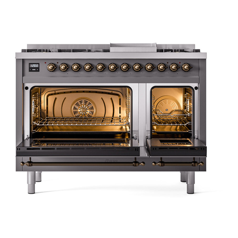 ILVE Nostalgie II Noblesse 48" Graphite Matte Dual Fuel Range with 8 Burners and Griddle Triple Glass Door Natural Gas