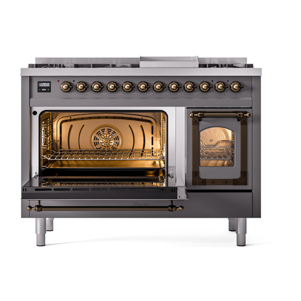 ILVE Nostalgie II Noblesse 48" Graphite Matte Dual Fuel Range with 8 Burners and Griddle Triple Glass Door Natural Gas