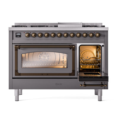 ILVE Nostalgie II Noblesse 48" Graphite Matte Dual Fuel Range with 8 Burners and Griddle Triple Glass Door Natural Gas