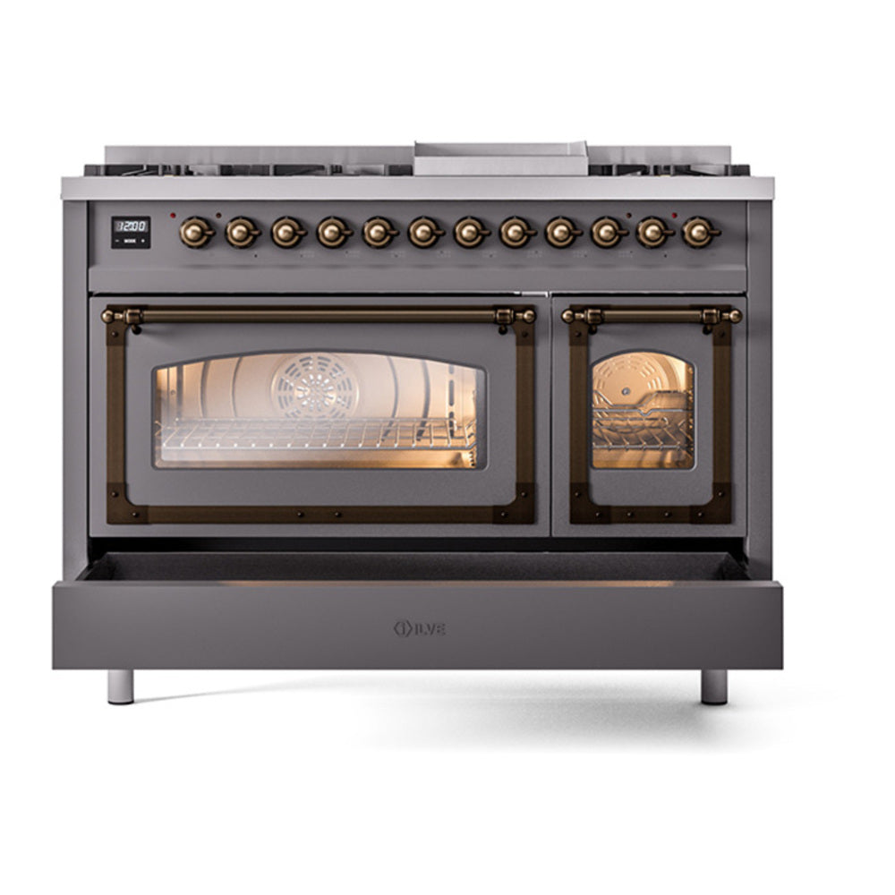 ILVE Nostalgie II Noblesse 48" Graphite Matte Dual Fuel Range with 8 Burners and Griddle Triple Glass Door Natural Gas