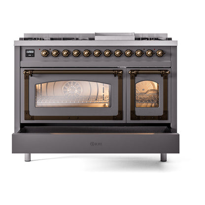 ILVE Nostalgie II Noblesse 48" Graphite Matte Dual Fuel Range with 8 Burners and Griddle Triple Glass Door Natural Gas