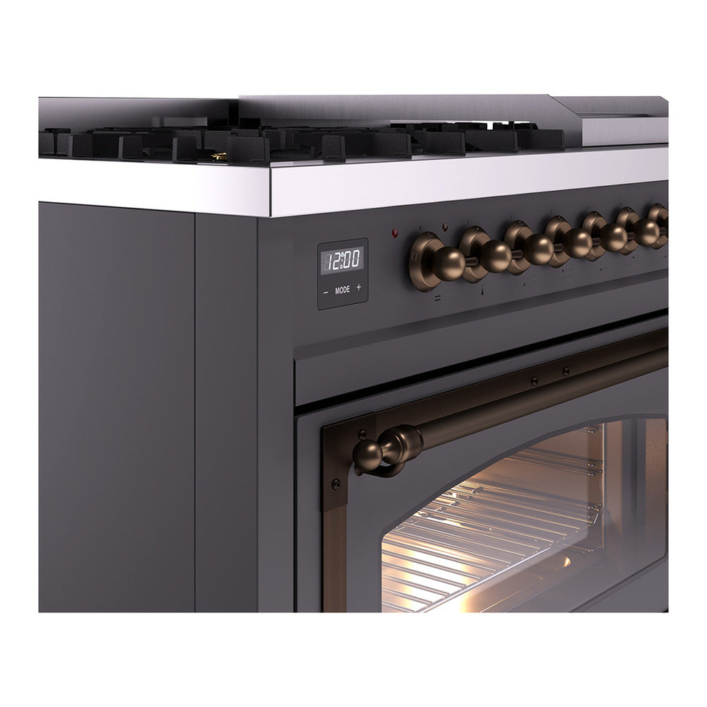 ILVE Nostalgie II Noblesse 48" Graphite Matte Dual Fuel Range with 8 Burners and Griddle Triple Glass Door Natural Gas