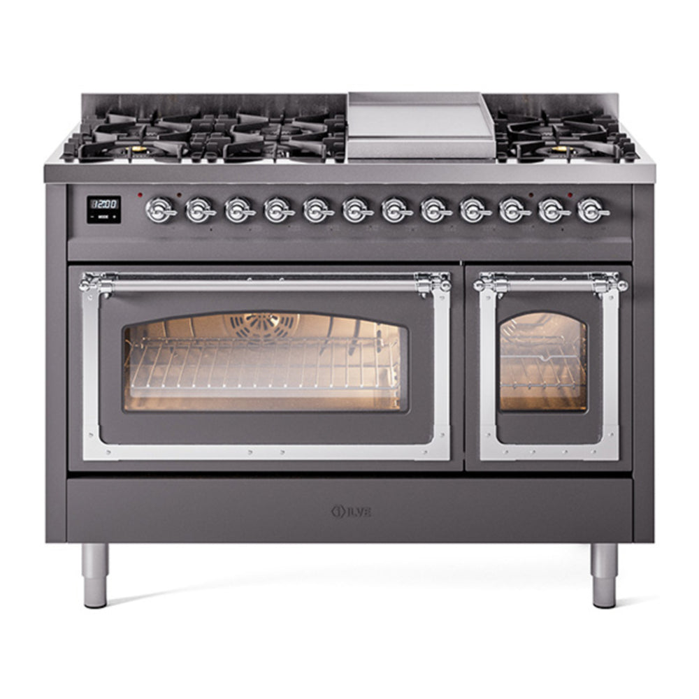 ILVE Nostalgie II Noblesse 48" Graphite Matte Dual Fuel Range with 8 Burners and Griddle Triple Glass Door Natural Gas