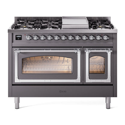 ILVE Nostalgie II Noblesse 48" Graphite Matte Dual Fuel Range with 8 Burners and Griddle Triple Glass Door Natural Gas