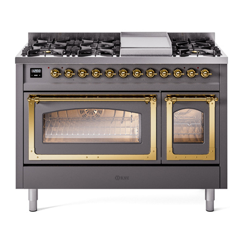 ILVE Nostalgie II Noblesse 48" Graphite Matte Dual Fuel Range with 8 Burners and Griddle Triple Glass Door Natural Gas