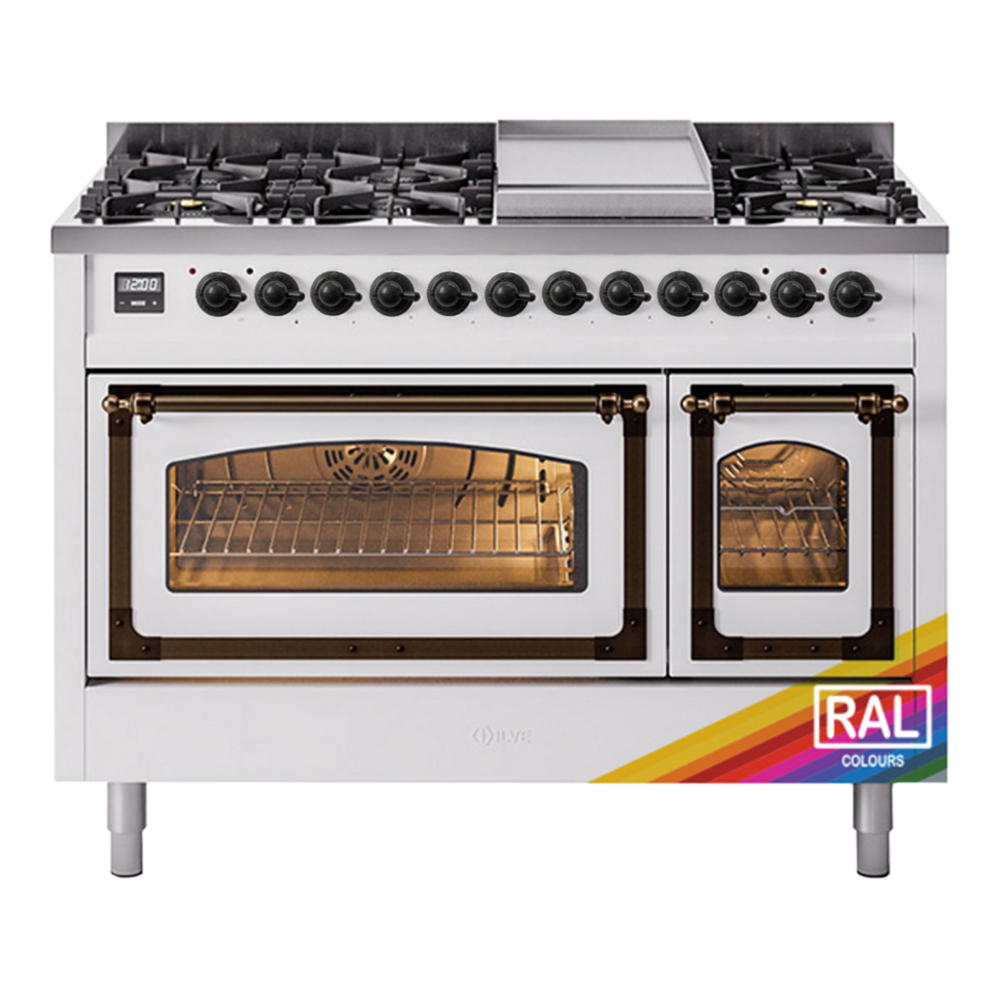 ILVE Nostalgie II Noblesse 48" RAL Dual Fuel Range with 8 Burners and Griddle Triple Glass Door Natural Gas