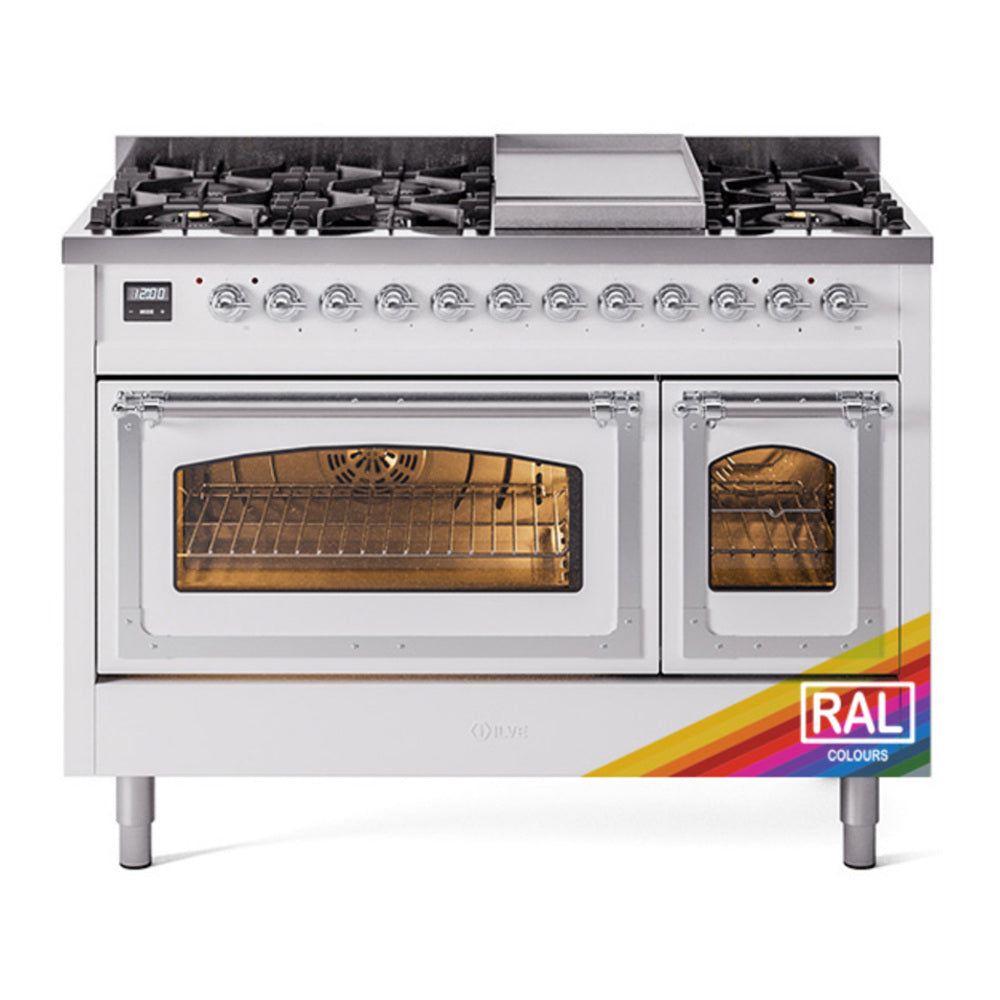 ILVE Nostalgie II Noblesse 48" RAL Dual Fuel Range with 8 Burners and Griddle Triple Glass Door Natural Gas