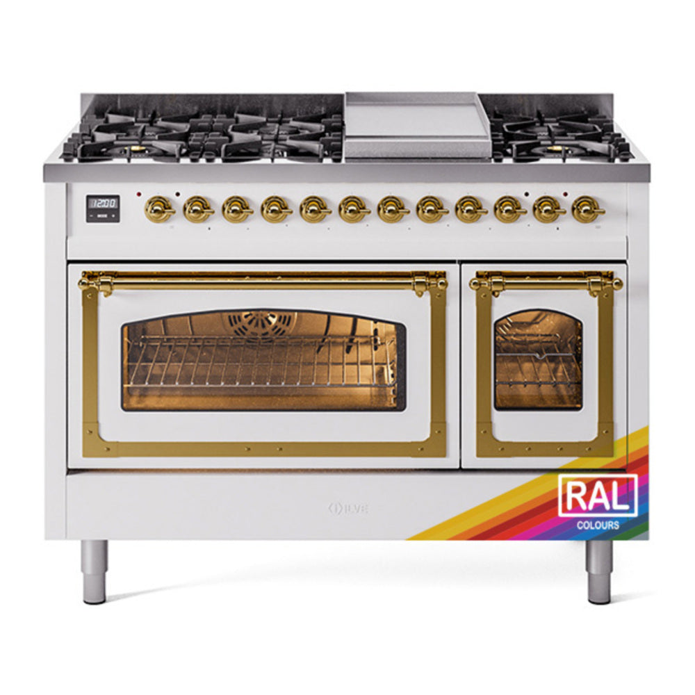 ILVE Nostalgie II Noblesse 48" RAL Dual Fuel Range with 8 Burners and Griddle Triple Glass Door Natural Gas