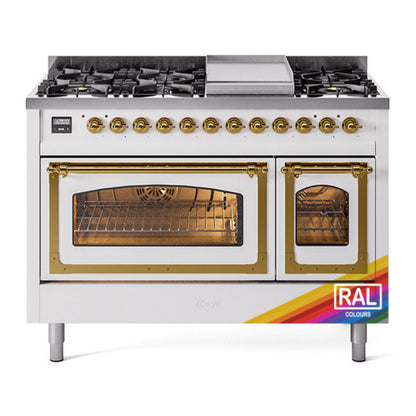 ILVE Nostalgie II Noblesse 48" RAL Dual Fuel Range with 8 Burners and Griddle Triple Glass Door Natural Gas