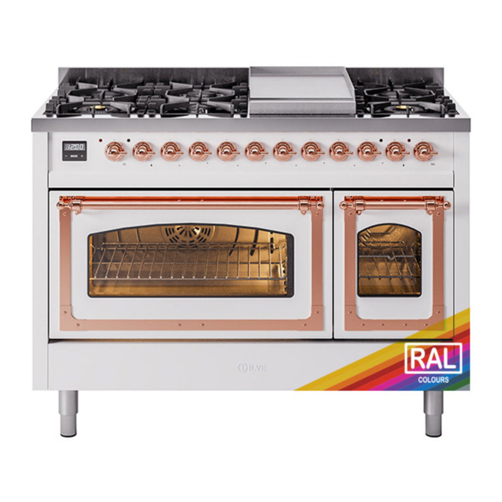 ILVE Nostalgie II Noblesse 48" RAL Dual Fuel Range with 8 Burners and Griddle Triple Glass Door Natural Gas