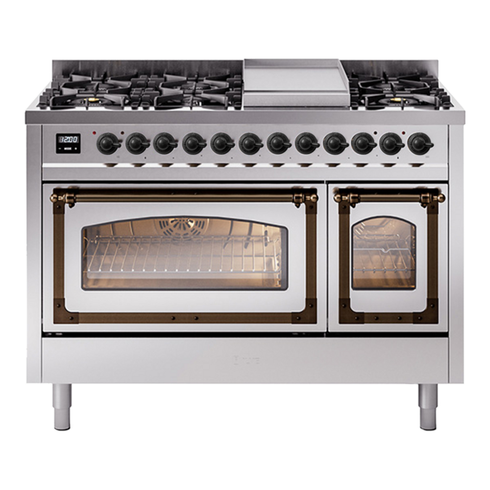 ILVE Nostalgie II Noblesse 48" Stainless Steel Dual Fuel Range with 8 Burners and Griddle Triple Glass Door Natural Gas