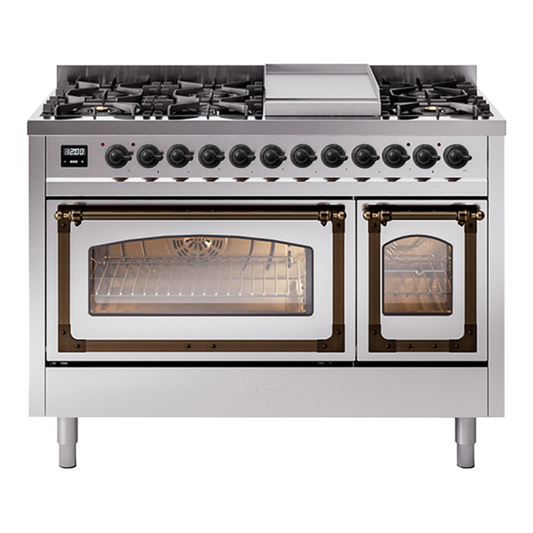 ILVE Nostalgie II Noblesse 48" Stainless Steel Dual Fuel Range with 8 Burners and Griddle Triple Glass Door Natural Gas
