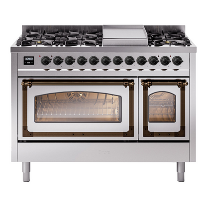 ILVE Nostalgie II Noblesse 48" Stainless Steel Dual Fuel Range with 8 Burners and Griddle Triple Glass Door Natural Gas