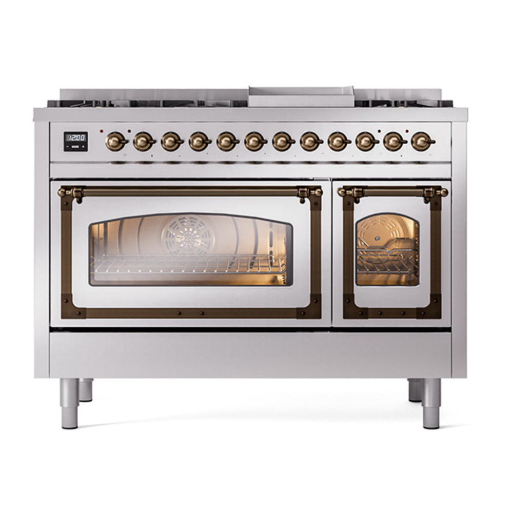 ILVE Nostalgie II Noblesse 48" Stainless Steel Dual Fuel Range with 8 Burners and Griddle Triple Glass Door Natural Gas