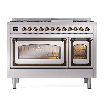 ILVE Nostalgie II Noblesse 48" Stainless Steel Dual Fuel Range with 8 Burners and Griddle Triple Glass Door Natural Gas