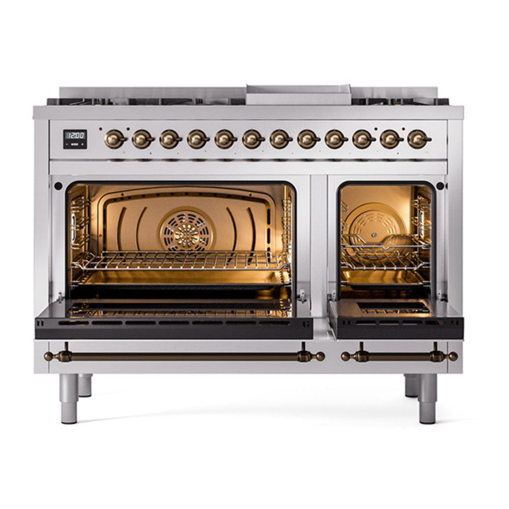 ILVE Nostalgie II Noblesse 48" Stainless Steel Dual Fuel Range with 8 Burners and Griddle Triple Glass Door Natural Gas