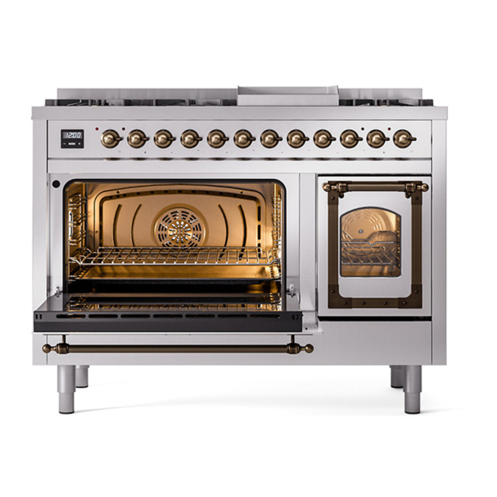 ILVE Nostalgie II Noblesse 48" Stainless Steel Dual Fuel Range with 8 Burners and Griddle Triple Glass Door Natural Gas