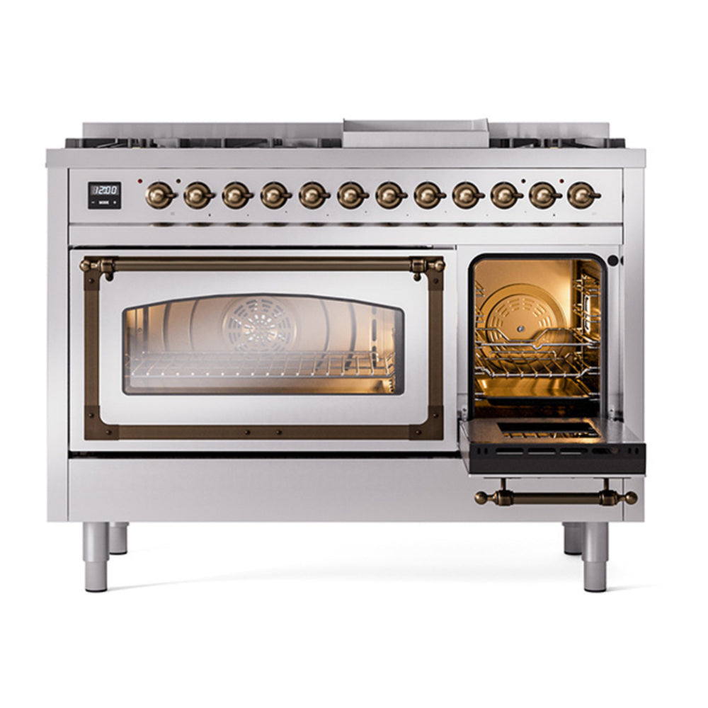 ILVE Nostalgie II Noblesse 48" Stainless Steel Dual Fuel Range with 8 Burners and Griddle Triple Glass Door Natural Gas
