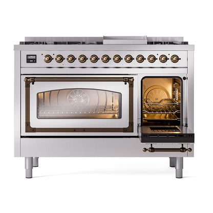 ILVE Nostalgie II Noblesse 48" Stainless Steel Dual Fuel Range with 8 Burners and Griddle Triple Glass Door Natural Gas