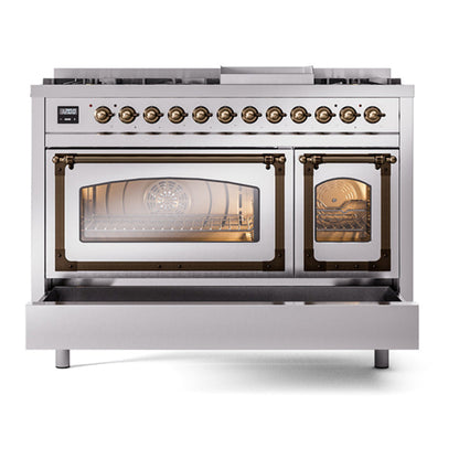 ILVE Nostalgie II Noblesse 48" Stainless Steel Dual Fuel Range with 8 Burners and Griddle Triple Glass Door Natural Gas