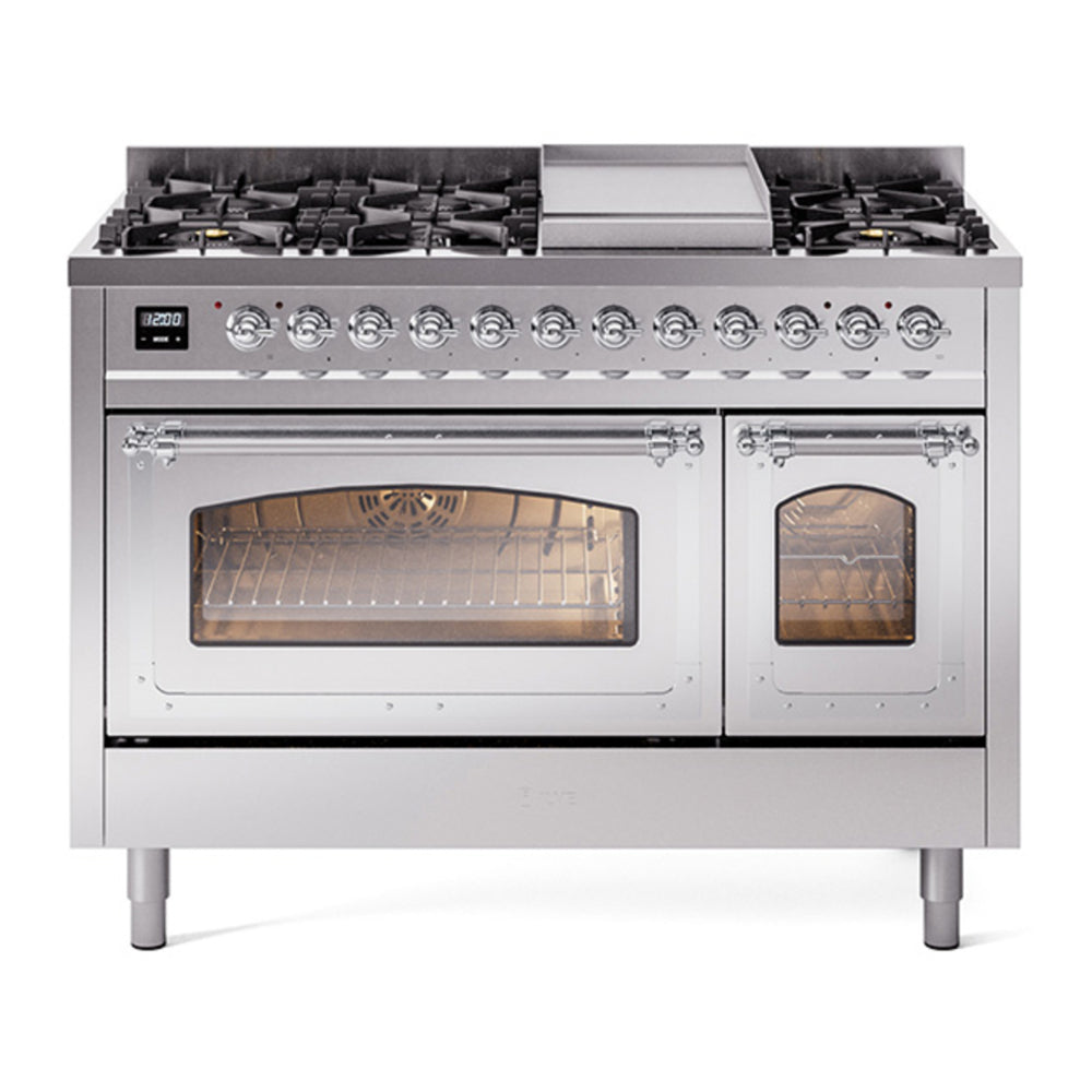 ILVE Nostalgie II Noblesse 48" Stainless Steel Dual Fuel Range with 8 Burners and Griddle Triple Glass Door Natural Gas