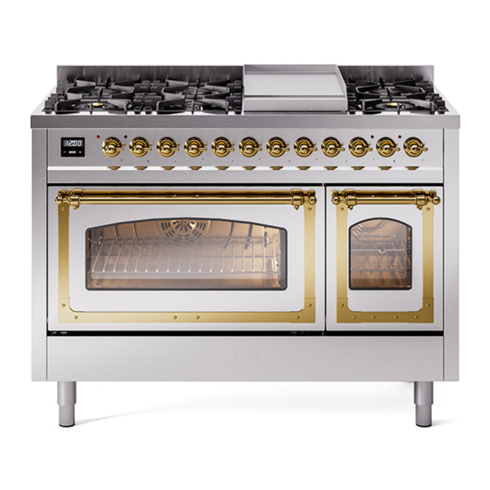 ILVE Nostalgie II Noblesse 48" Stainless Steel Dual Fuel Range with 8 Burners and Griddle Triple Glass Door Natural Gas