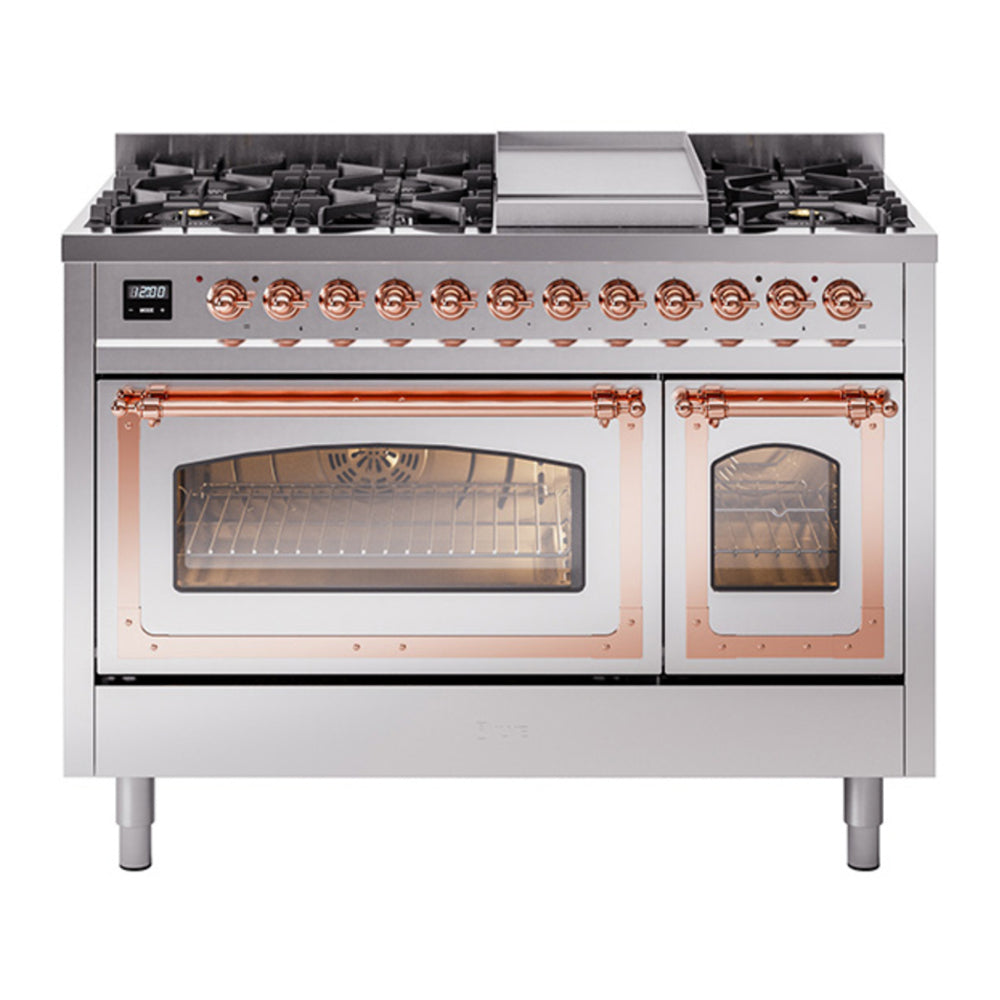 ILVE Nostalgie II Noblesse 48" Stainless Steel Dual Fuel Range with 8 Burners and Griddle Triple Glass Door Natural Gas