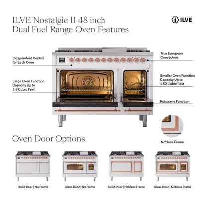 ILVE Nostalgie II Noblesse 48" White Dual Fuel Range with 8 Burners and Griddle Triple Glass Door Liquid Propane