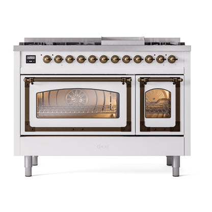 ILVE Nostalgie II Noblesse 48" White Dual Fuel Range with 8 Burners and Griddle Triple Glass Door Liquid Propane