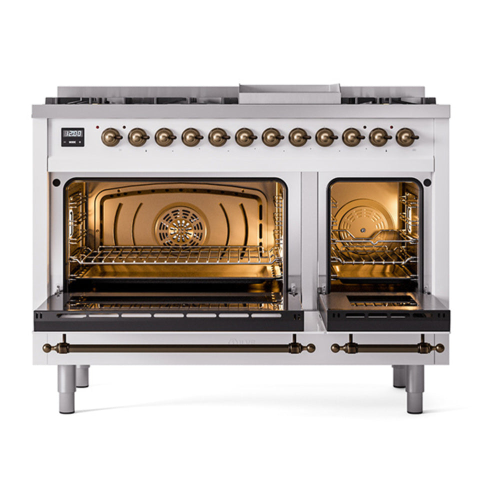 ILVE Nostalgie II Noblesse 48" White Dual Fuel Range with 8 Burners and Griddle Triple Glass Door Liquid Propane