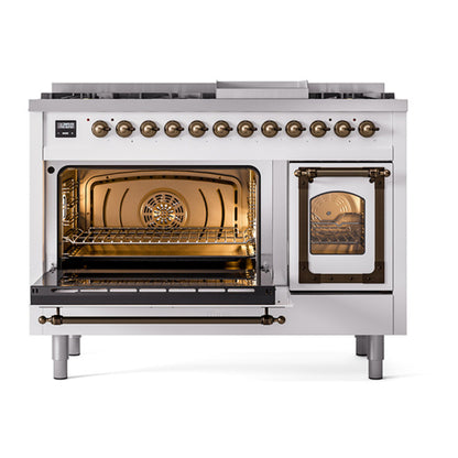 ILVE Nostalgie II Noblesse 48" White Dual Fuel Range with 8 Burners and Griddle Triple Glass Door Liquid Propane