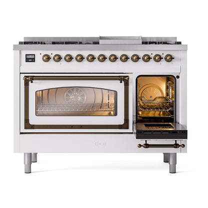 ILVE Nostalgie II Noblesse 48" White Dual Fuel Range with 8 Burners and Griddle Triple Glass Door Liquid Propane
