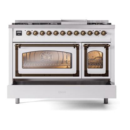 ILVE Nostalgie II Noblesse 48" White Dual Fuel Range with 8 Burners and Griddle Triple Glass Door Liquid Propane