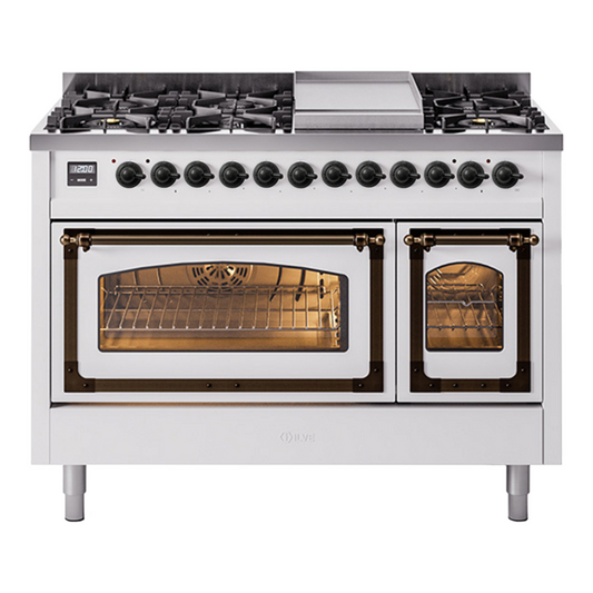 ILVE Nostalgie II Noblesse 48" White Dual Fuel Range with 8 Burners and Griddle Triple Glass Door Natural Gas