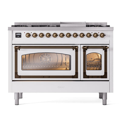ILVE Nostalgie II Noblesse 48" White Dual Fuel Range with 8 Burners and Griddle Triple Glass Door Natural Gas