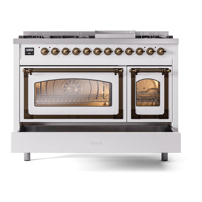 ILVE Nostalgie II Noblesse 48" White Dual Fuel Range with 8 Burners and Griddle Triple Glass Door Natural Gas
