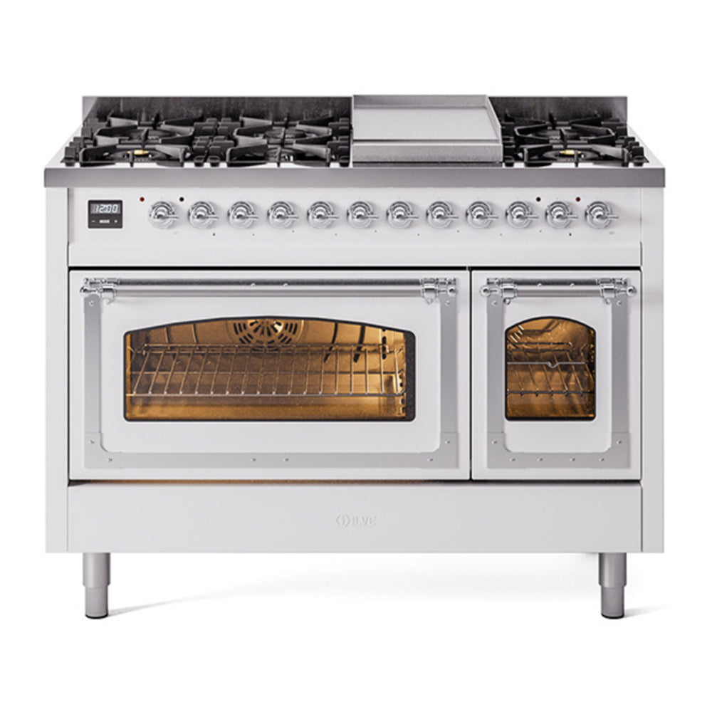 ILVE Nostalgie II Noblesse 48" White Dual Fuel Range with 8 Burners and Griddle Triple Glass Door Natural Gas
