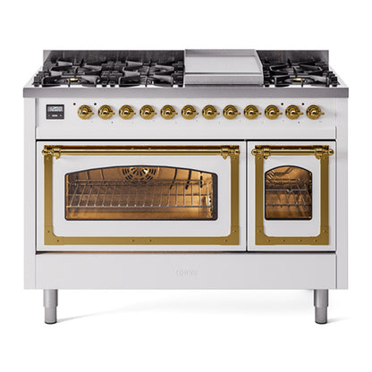 ILVE Nostalgie II Noblesse 48" White Dual Fuel Range with 8 Burners and Griddle Triple Glass Door Liquid Propane