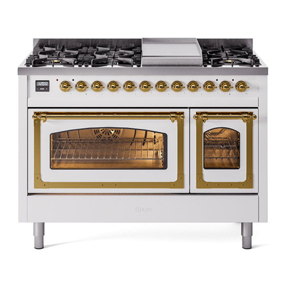 ILVE Nostalgie II Noblesse 48" White Dual Fuel Range with 8 Burners and Griddle Triple Glass Door Natural Gas