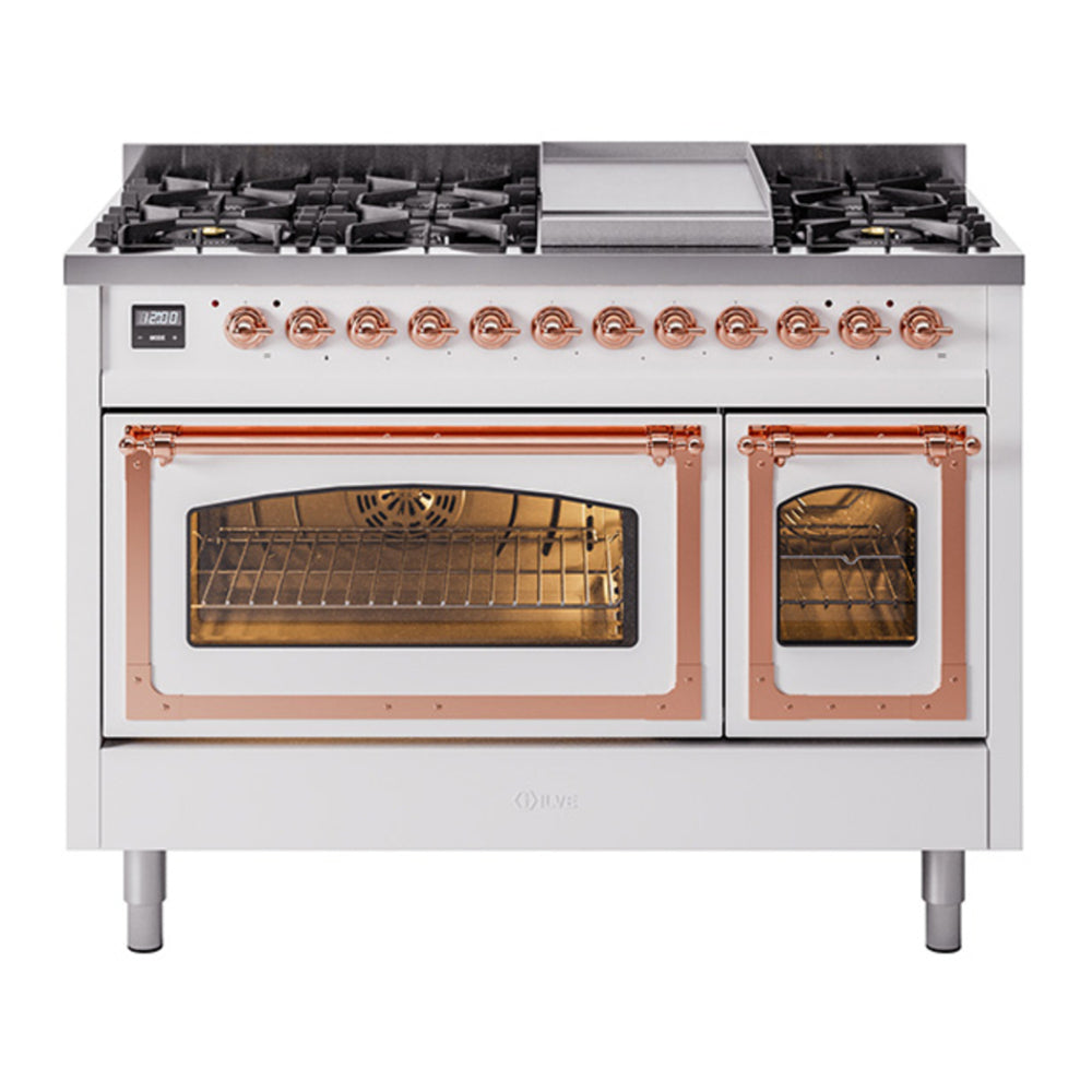 ILVE Nostalgie II Noblesse 48" White Dual Fuel Range with 8 Burners and Griddle Triple Glass Door Natural Gas