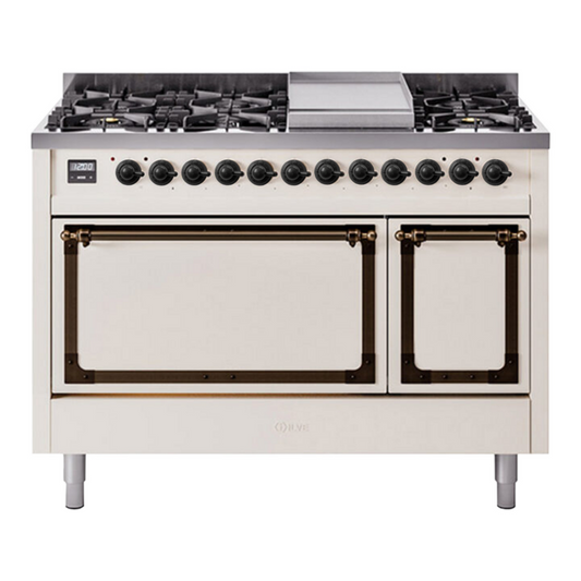 ILVE Nostalgie II Noblesse 48" Antique White Dual Fuel Range with 8 Burners and Griddle Solid Door Natural Gas