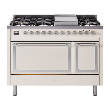 ILVE Nostalgie II Noblesse 48" Antique White Dual Fuel Range with 8 Burners and Griddle Solid Door Liquid Propane